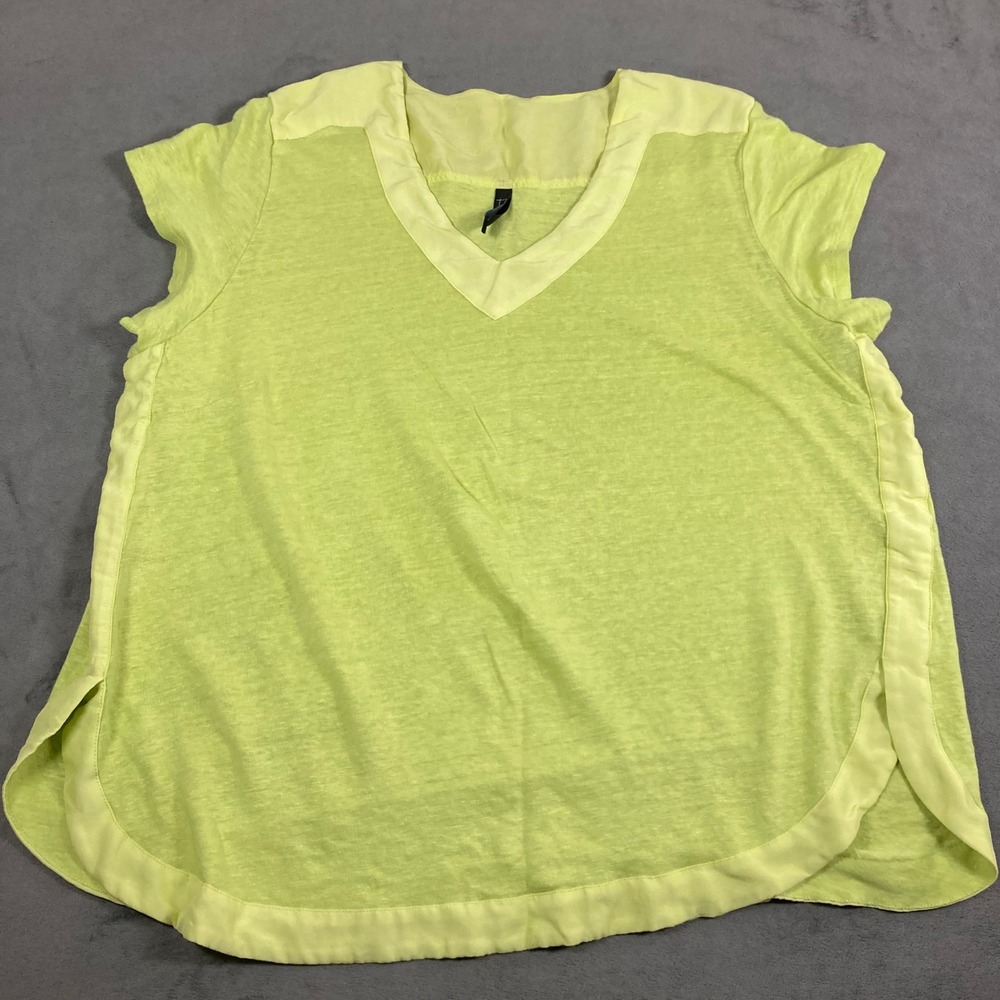 Foil Womens XL Lime Green Linen Silk Trim V-Neck Short Sleeve Blouse Top